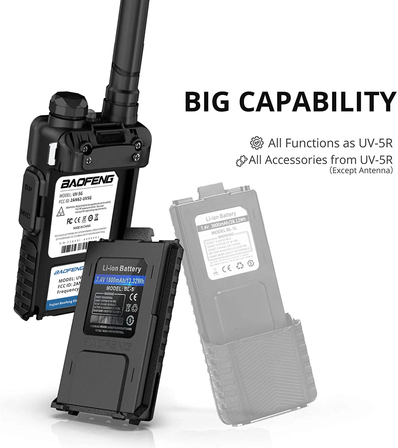 Baofeng UV-5X / UV-5G [1 Pair] GMRS Radio | 5W | Repeater Capable | NOAA Scan | Support CHIRP Programming - Image 4